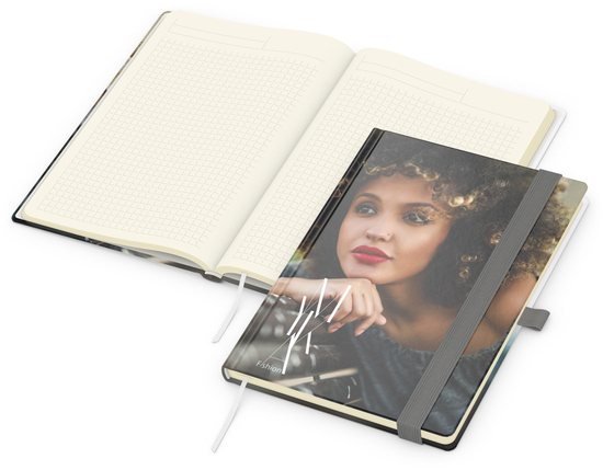 Notizbuch Match-Book Papier-Hardcover individuell bedruckt, DIN A5, Papierfarbe/Lineatur Cremefarben/Winkelkaro, Einband-Oberfläche matt