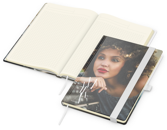 Notizbuch Match-Book Papier-Hardcover individuell bedruckt, DIN A5, Papierfarbe/Lineatur Cremefarben/Winkelkaro, Einband-Oberfläche matt