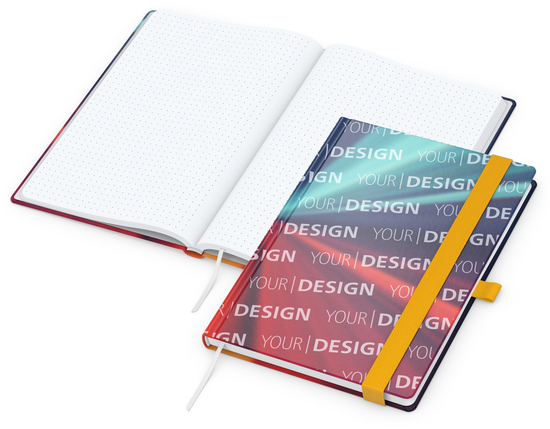 Notizbuch Match-Book Papier-Hardcover individuell bedruckt, DIN A5, Papierfarbe/Lineatur Hochweiß/Punktraster, Einband-Oberfläche glänzend