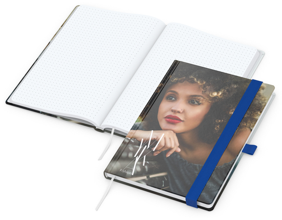 Notizbuch Match-Book Papier-Hardcover individuell bedruckt, DIN A5, Papierfarbe/Lineatur Hochweiß/Punktraster, Einband-Oberfläche glänzend