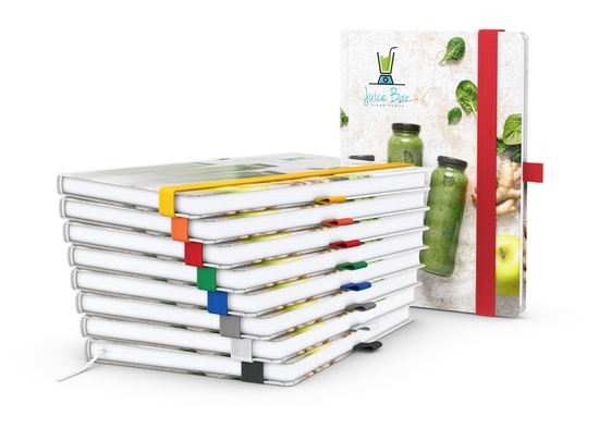 Notizbuch Match-Book Papier-Hardcover individuell bedruckt, DIN A5, Papierfarbe/Lineatur Hochweiß/Punktraster, Einband-Oberfläche glänzend