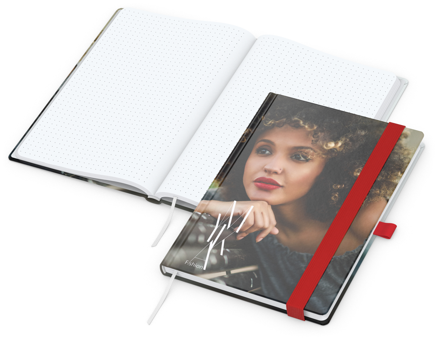 Notizbuch Match-Book Papier-Hardcover individuell bedruckt, DIN A5, Papierfarbe/Lineatur Hochweiß/Punktraster, Einband-Oberfläche glänzend