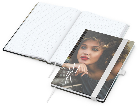 Notizbuch Match-Book Papier-Hardcover individuell bedruckt, DIN A5, Papierfarbe/Lineatur Hochweiß/Punktraster, Einband-Oberfläche glänzend