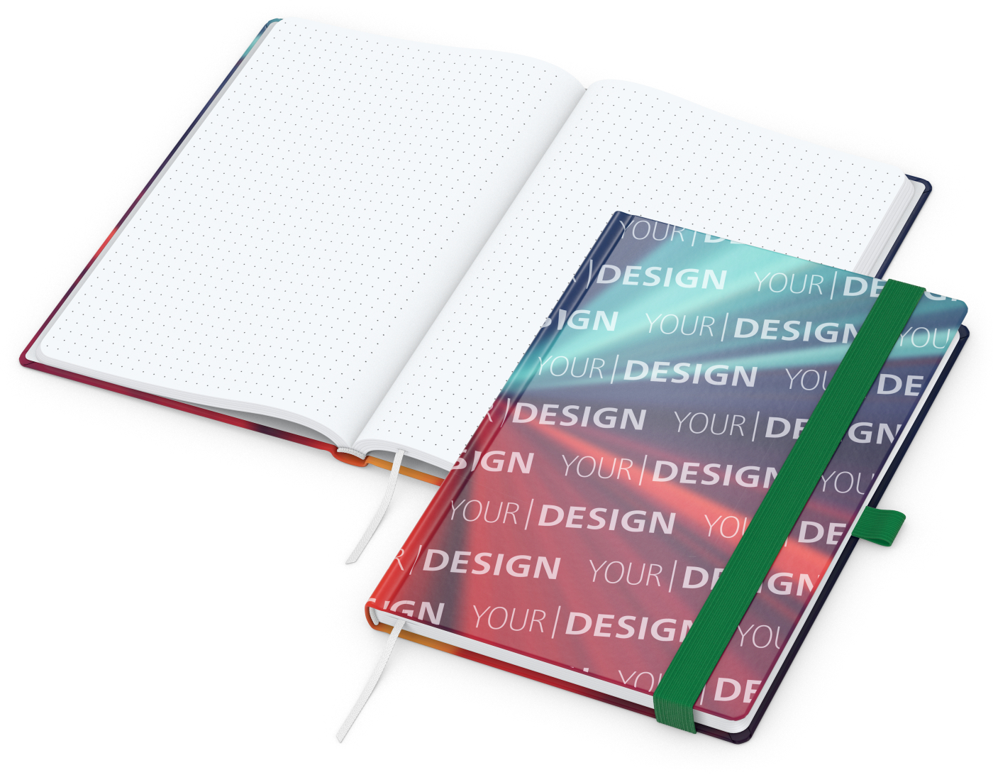 Notizbuch Match-Book Papier-Hardcover individuell bedruckt, DIN A5, Papierfarbe/Lineatur Hochweiß/Punktraster, Einband-Oberfläche matt