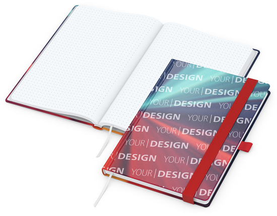 Notizbuch Match-Book Papier-Hardcover individuell bedruckt, DIN A5, Papierfarbe/Lineatur Hochweiß/Punktraster, Einband-Oberfläche matt