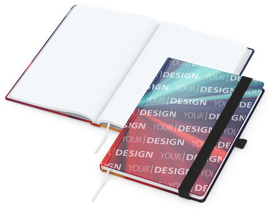 Notizbuch Match-Book Papier-Hardcover individuell bedruckt, DIN A5, Papierfarbe/Lineatur Hochweiß/Punktraster, Einband-Oberfläche matt