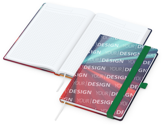 Notizbuch Match-Book Papier-Hardcover individuell bedruckt, DIN A5, Papierfarbe/Lineatur Hochweiß/Winkelkaro, Einband-Oberfläche glänzend