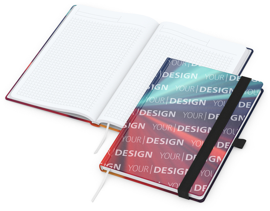 Notizbuch Match-Book Papier-Hardcover individuell bedruckt, DIN A5, Papierfarbe/Lineatur Hochweiß/Winkelkaro, Einband-Oberfläche glänzend