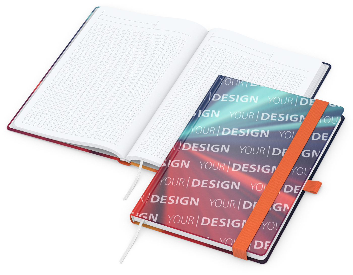Notizbuch Match-Book Papier-Hardcover individuell bedruckt, DIN A5, Papierfarbe/Lineatur Hochweiß/Winkelkaro, Einband-Oberfläche glänzend
