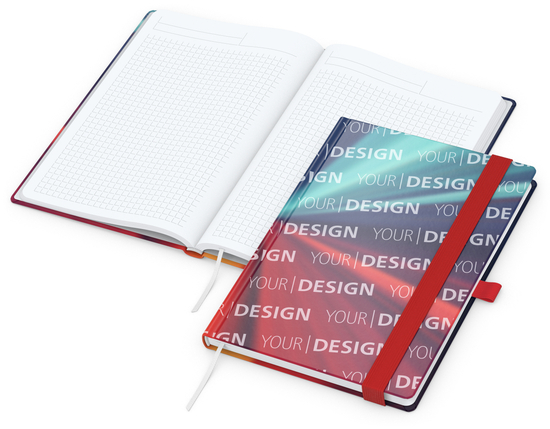 Notizbuch Match-Book Papier-Hardcover individuell bedruckt, DIN A5, Papierfarbe/Lineatur Hochweiß/Winkelkaro, Einband-Oberfläche glänzend
