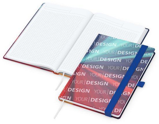 Notizbuch Match-Book Papier-Hardcover individuell bedruckt, DIN A5, Papierfarbe/Lineatur Hochweiß/Winkelkaro, Einband-Oberfläche matt