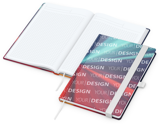 Notizbuch Match-Book Papier-Hardcover individuell bedruckt, DIN A5, Papierfarbe/Lineatur Hochweiß/Winkelkaro, Einband-Oberfläche matt