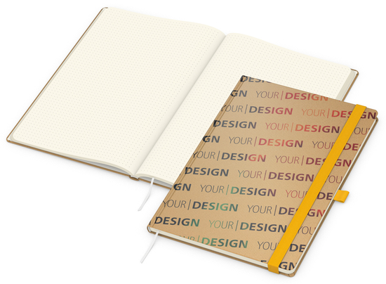 Notizbuch Match-Book Naturpapier-Hardcover individuell bedruckt, DIN A4, Papierfarbe/Lineatur Cremefarben/Punktraster, Einband-Papierfarbe Braun