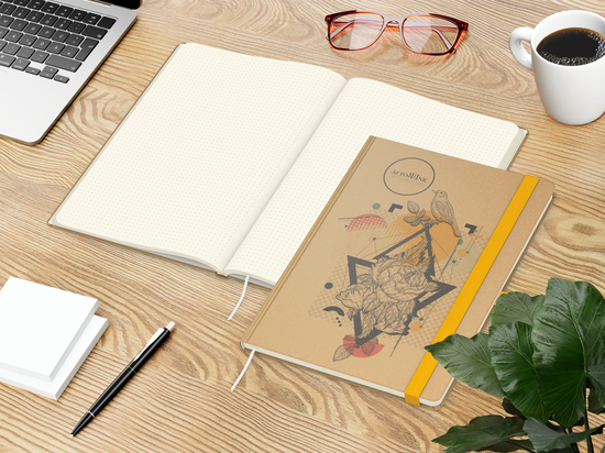 Notizbuch Match-Book Naturpapier-Hardcover individuell bedruckt, DIN A4, Papierfarbe/Lineatur Cremefarben/Punktraster, Einband-Papierfarbe Braun