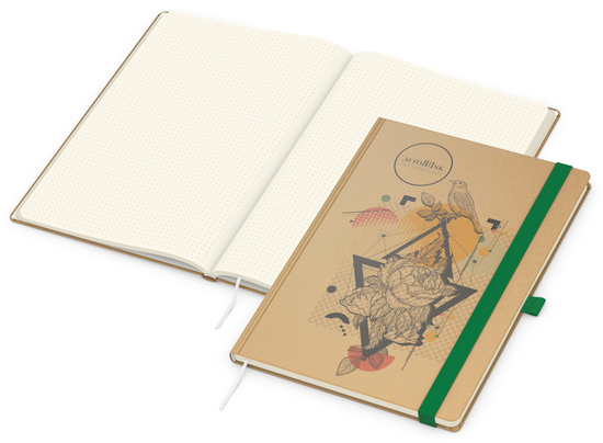 Notizbuch Match-Book Naturpapier-Hardcover individuell bedruckt, DIN A4, Papierfarbe/Lineatur Cremefarben/Punktraster, Einband-Papierfarbe Braun