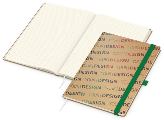 Notizbuch Match-Book Naturpapier-Hardcover individuell bedruckt, DIN A4, Papierfarbe/Lineatur Cremefarben/Punktraster, Einband-Papierfarbe Braun