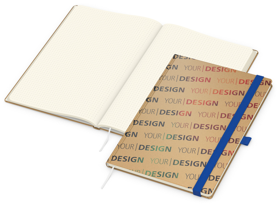 Notizbuch Match-Book Naturpapier-Hardcover individuell bedruckt, DIN A4, Papierfarbe/Lineatur Cremefarben/Punktraster, Einband-Papierfarbe Braun