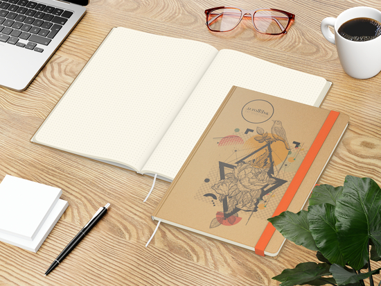 Notizbuch Match-Book Naturpapier-Hardcover individuell bedruckt, DIN A4, Papierfarbe/Lineatur Cremefarben/Punktraster, Einband-Papierfarbe Braun