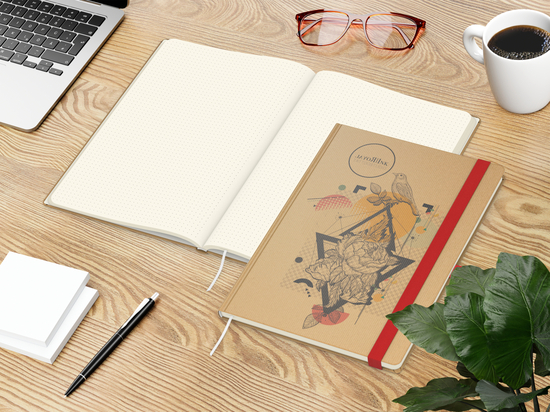 Notizbuch Match-Book Naturpapier-Hardcover individuell bedruckt, DIN A4, Papierfarbe/Lineatur Cremefarben/Punktraster, Einband-Papierfarbe Braun