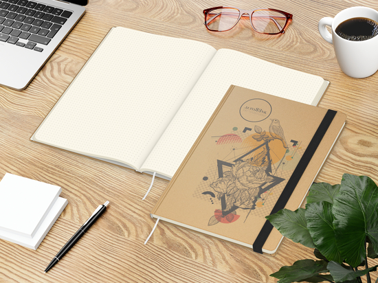 Notizbuch Match-Book Naturpapier-Hardcover individuell bedruckt, DIN A4, Papierfarbe/Lineatur Cremefarben/Punktraster, Einband-Papierfarbe Braun