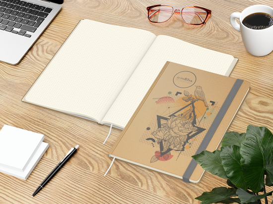 Notizbuch Match-Book Naturpapier-Hardcover individuell bedruckt, DIN A4, Papierfarbe/Lineatur Cremefarben/Punktraster, Einband-Papierfarbe Braun