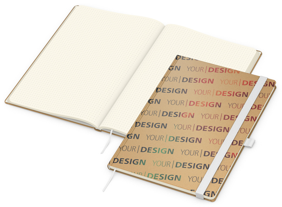 Notizbuch Match-Book Naturpapier-Hardcover individuell bedruckt, DIN A4, Papierfarbe/Lineatur Cremefarben/Punktraster, Einband-Papierfarbe Braun