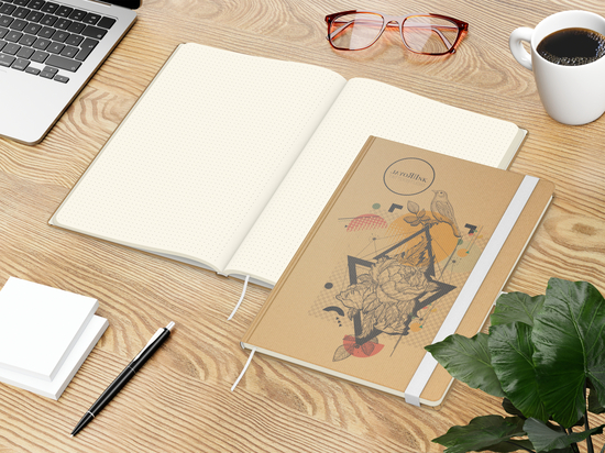 Notizbuch Match-Book Naturpapier-Hardcover individuell bedruckt, DIN A4, Papierfarbe/Lineatur Cremefarben/Punktraster, Einband-Papierfarbe Braun