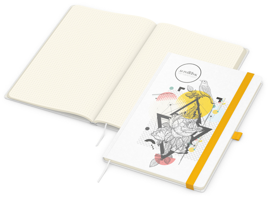 Notizbuch Match-Book Naturpapier-Hardcover individuell bedruckt, DIN A4, Papierfarbe/Lineatur Cremefarben/Punktraster, Einband-Papierfarbe Weiß