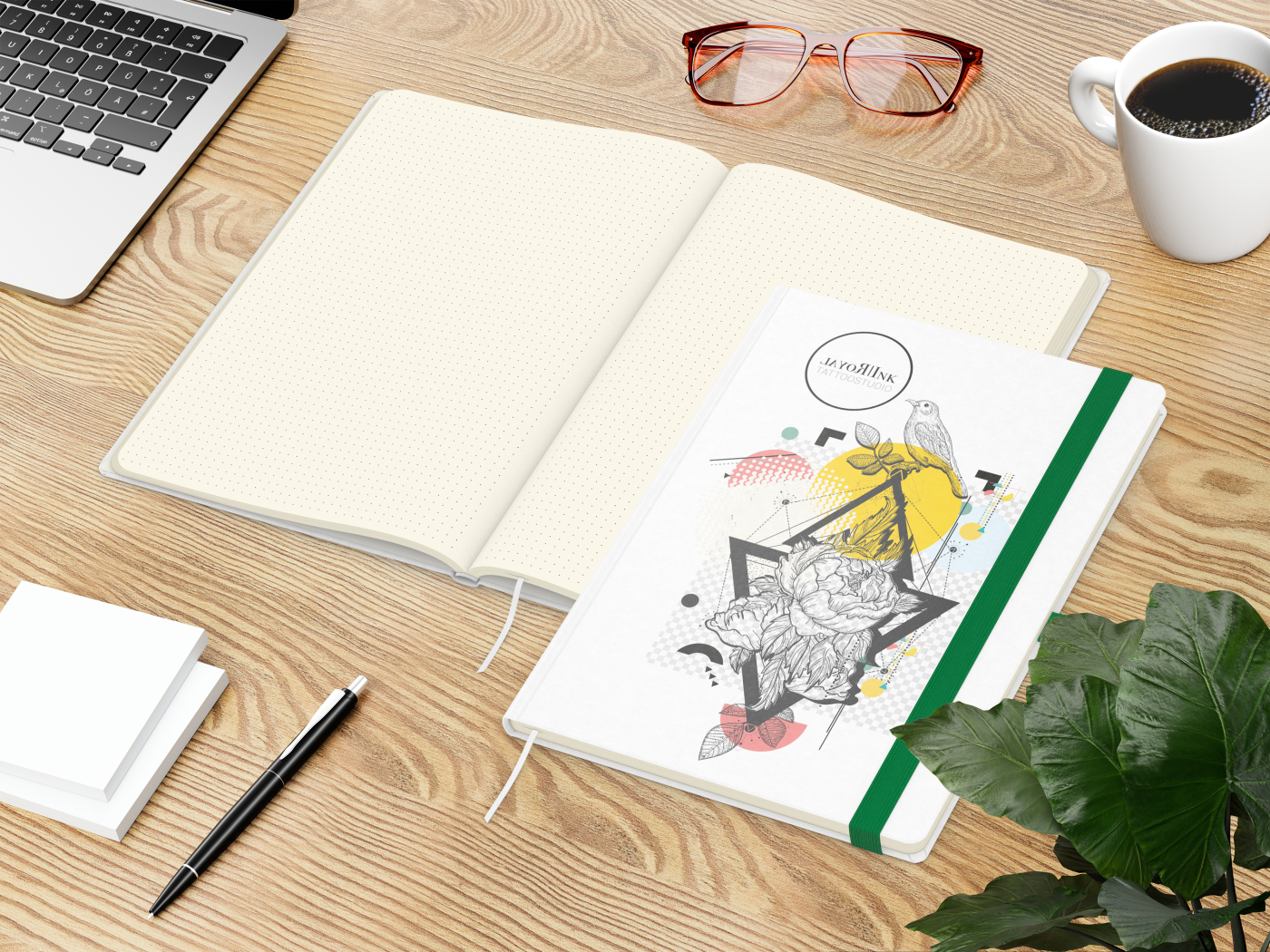 Notizbuch Match-Book Naturpapier-Hardcover individuell bedruckt, DIN A4, Papierfarbe/Lineatur Cremefarben/Punktraster, Einband-Papierfarbe Weiß