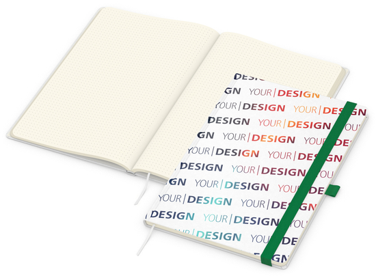 Notizbuch Match-Book Naturpapier-Hardcover individuell bedruckt, DIN A4, Papierfarbe/Lineatur Cremefarben/Punktraster, Einband-Papierfarbe Weiß