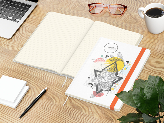 Notizbuch Match-Book Naturpapier-Hardcover individuell bedruckt, DIN A4, Papierfarbe/Lineatur Cremefarben/Punktraster, Einband-Papierfarbe Weiß