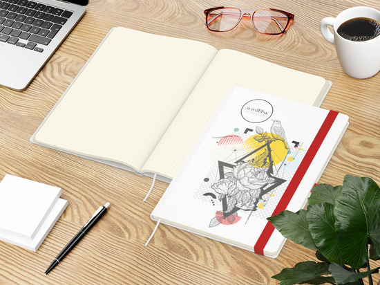 Notizbuch Match-Book Naturpapier-Hardcover individuell bedruckt, DIN A4, Papierfarbe/Lineatur Cremefarben/Punktraster, Einband-Papierfarbe Weiß