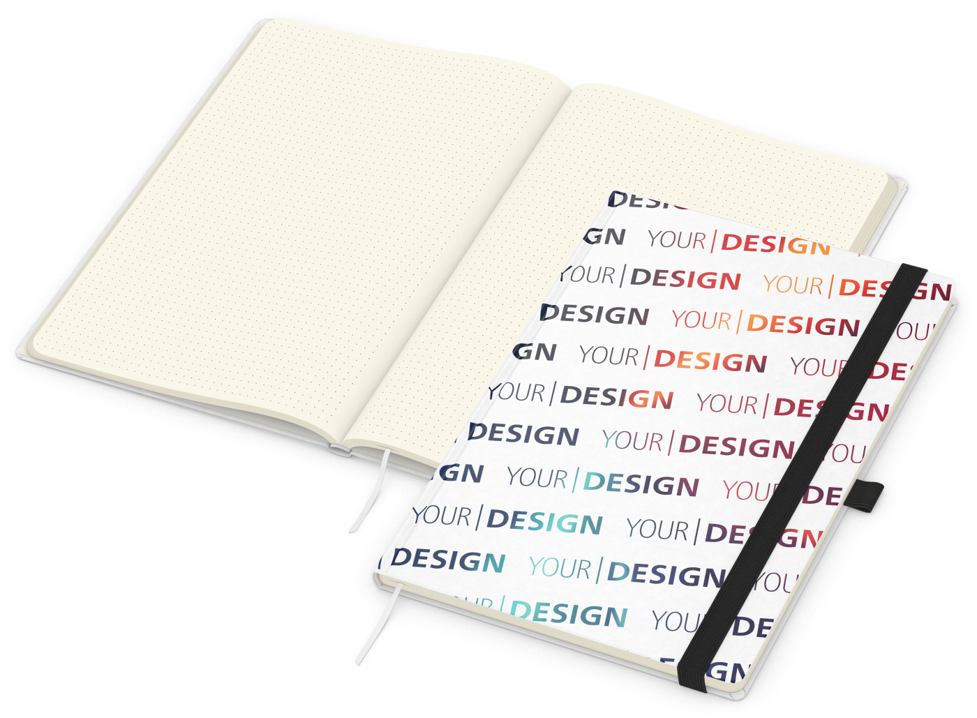 Notizbuch Match-Book Naturpapier-Hardcover individuell bedruckt, DIN A4, Papierfarbe/Lineatur Cremefarben/Punktraster, Einband-Papierfarbe Weiß