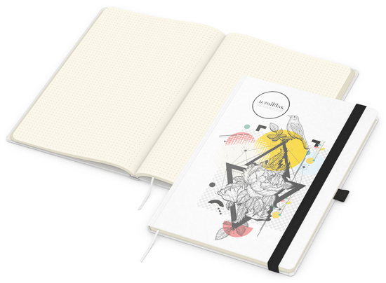 Notizbuch Match-Book Naturpapier-Hardcover individuell bedruckt, DIN A4, Papierfarbe/Lineatur Cremefarben/Punktraster, Einband-Papierfarbe Weiß