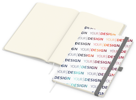 Notizbuch Match-Book Naturpapier-Hardcover individuell bedruckt, DIN A4, Papierfarbe/Lineatur Cremefarben/Punktraster, Einband-Papierfarbe Weiß