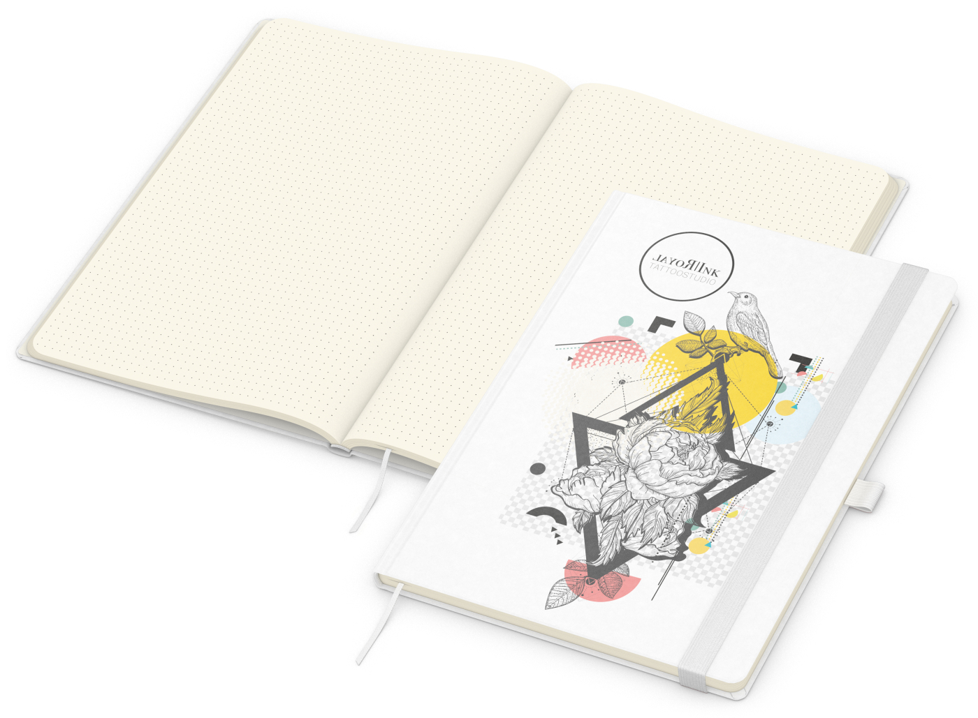 Notizbuch Match-Book Naturpapier-Hardcover individuell bedruckt, DIN A4, Papierfarbe/Lineatur Cremefarben/Punktraster, Einband-Papierfarbe Weiß
