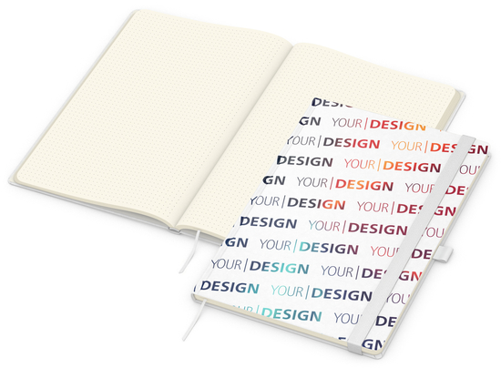 Notizbuch Match-Book Naturpapier-Hardcover individuell bedruckt, DIN A4, Papierfarbe/Lineatur Cremefarben/Punktraster, Einband-Papierfarbe Weiß