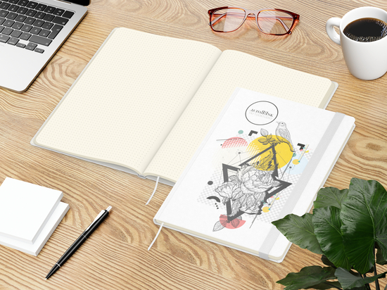 Notizbuch Match-Book Naturpapier-Hardcover individuell bedruckt, DIN A4, Papierfarbe/Lineatur Cremefarben/Punktraster, Einband-Papierfarbe Weiß