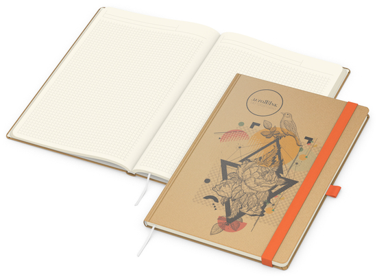 Notizbuch Match-Book Naturpapier-Hardcover individuell bedruckt, DIN A4, Papierfarbe/Lineatur Cremefarben/Winkelkaro, Einband-Papierfarbe Braun
