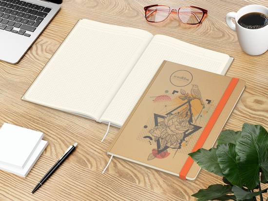 Notizbuch Match-Book Naturpapier-Hardcover individuell bedruckt, DIN A4, Papierfarbe/Lineatur Cremefarben/Winkelkaro, Einband-Papierfarbe Braun