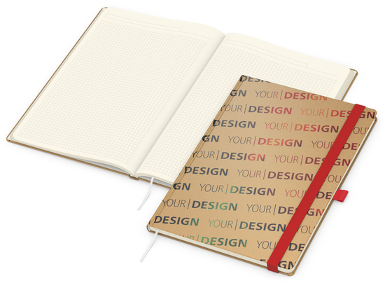 Notizbuch Match-Book Naturpapier-Hardcover individuell bedruckt, DIN A4, Papierfarbe/Lineatur Cremefarben/Winkelkaro, Einband-Papierfarbe Braun