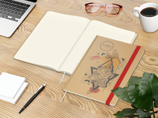 Notizbuch Match-Book Naturpapier-Hardcover individuell bedruckt, DIN A4, Papierfarbe/Lineatur Cremefarben/Winkelkaro, Einband-Papierfarbe Braun