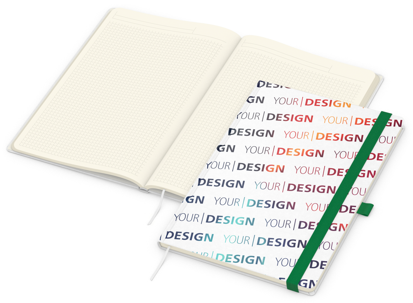 Notizbuch Match-Book Naturpapier-Hardcover individuell bedruckt, DIN A4, Papierfarbe/Lineatur Cremefarben/Winkelkaro, Einband-Papierfarbe Weiß