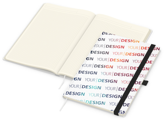 Notizbuch Match-Book Naturpapier-Hardcover individuell bedruckt, DIN A4, Papierfarbe/Lineatur Cremefarben/Winkelkaro, Einband-Papierfarbe Weiß