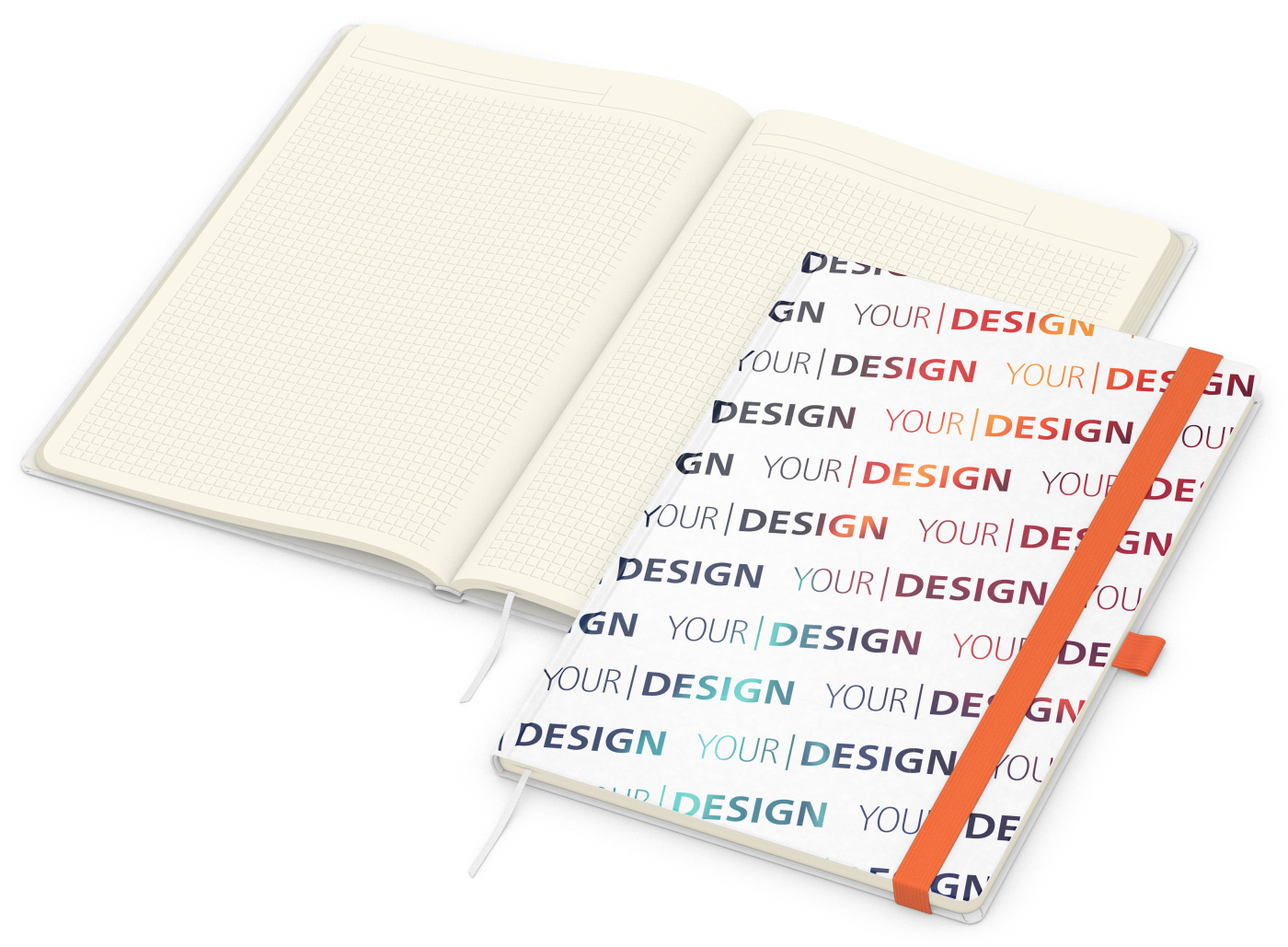 Notizbuch Match-Book Naturpapier-Hardcover individuell bedruckt, DIN A4, Papierfarbe/Lineatur Cremefarben/Winkelkaro, Einband-Papierfarbe Weiß