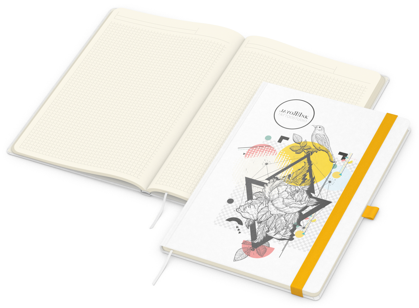 Notizbuch Match-Book Naturpapier-Hardcover individuell bedruckt, DIN A4, Papierfarbe/Lineatur Cremefarben/Winkelkaro, Einband-Papierfarbe Weiß