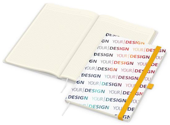 Notizbuch Match-Book Naturpapier-Hardcover individuell bedruckt, DIN A4, Papierfarbe/Lineatur Cremefarben/Winkelkaro, Einband-Papierfarbe Weiß