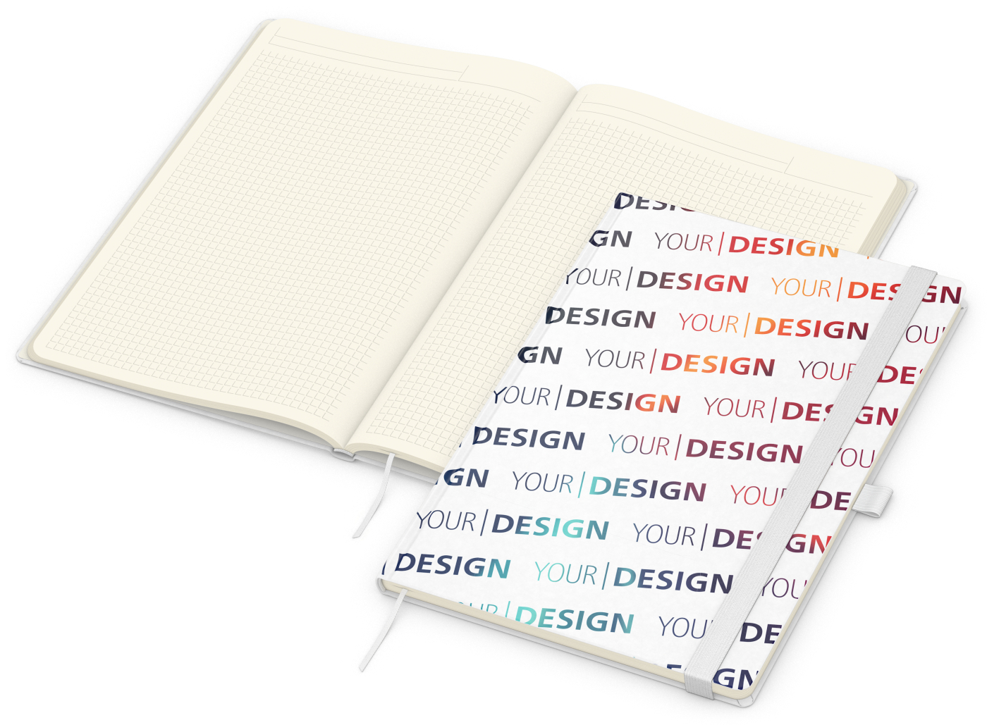Notizbuch Match-Book Naturpapier-Hardcover individuell bedruckt, DIN A4, Papierfarbe/Lineatur Cremefarben/Winkelkaro, Einband-Papierfarbe Weiß