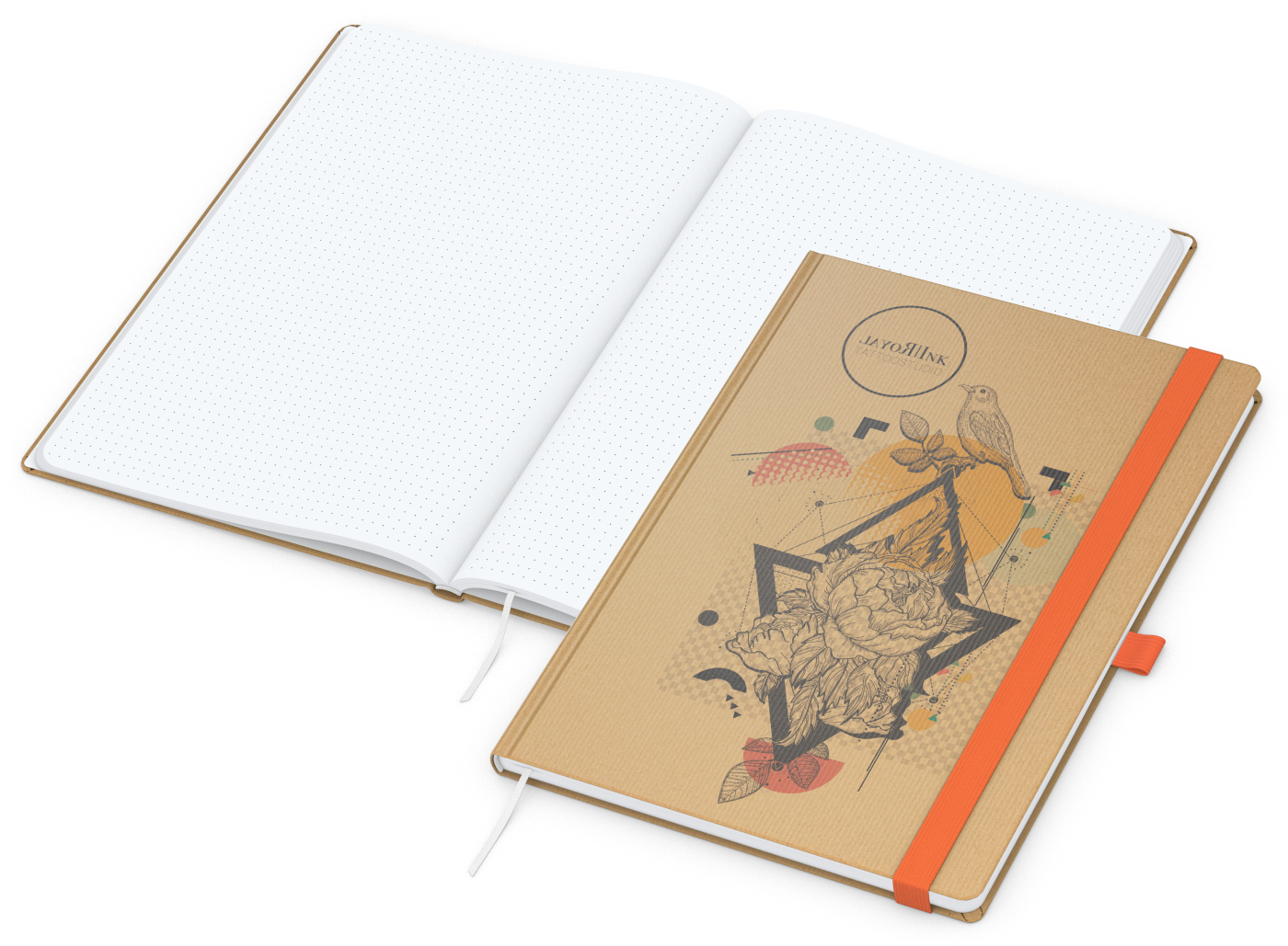 Notizbuch Match-Book Naturpapier-Hardcover individuell bedruckt, DIN A4, Papierfarbe/Lineatur Hochweiß/Punktraster, Einband-Papierfarbe Braun