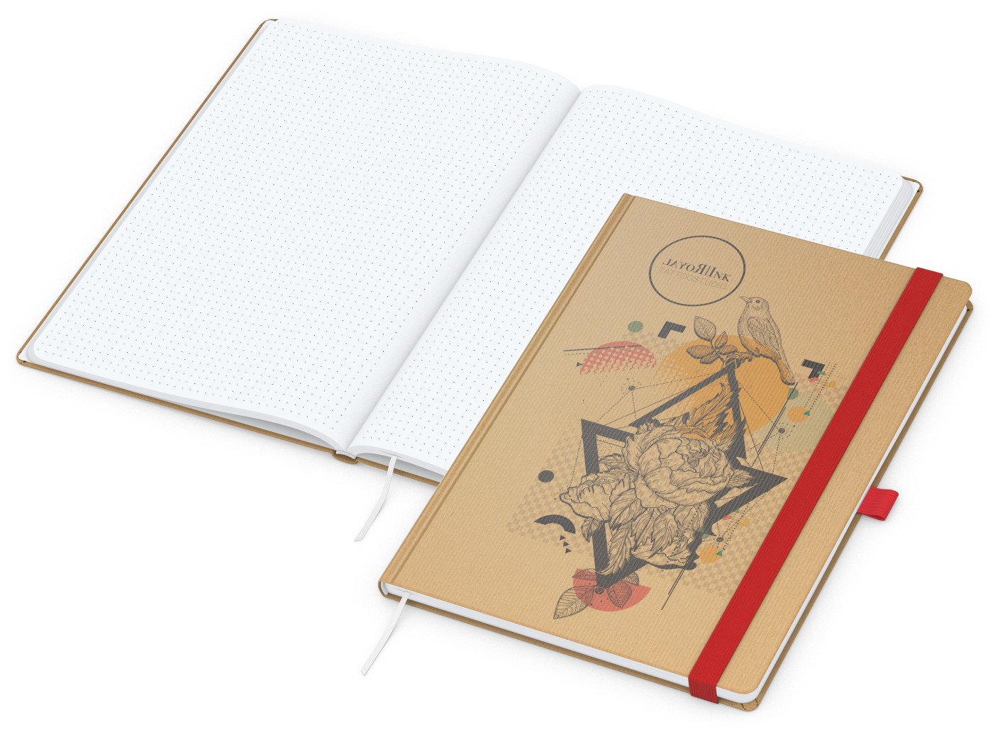 Notizbuch Match-Book Naturpapier-Hardcover individuell bedruckt, DIN A4, Papierfarbe/Lineatur Hochweiß/Punktraster, Einband-Papierfarbe Braun